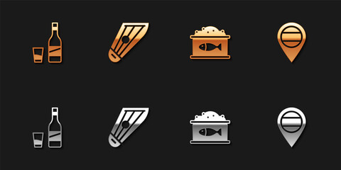 Set Bottle of vodka with glass, Kankles, Tin can caviar and Location Russia icon. Vector