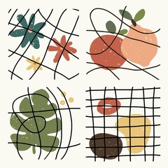 Vector collection of isolated poster art in modern, contemporary style. Abstract illustration of stamp textured organic shapes (flowers, fruits, leaf, grid, blobs) and hand drawn lines. Doodle set.