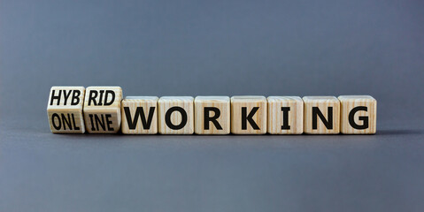 Hybrid or online working symbol. Turned wooden cubes and changed words 'online working' to 'hybrid working'. Beautiful grey background. Business, hybrid or online working concept, copy space. - obrazy, fototapety, plakaty