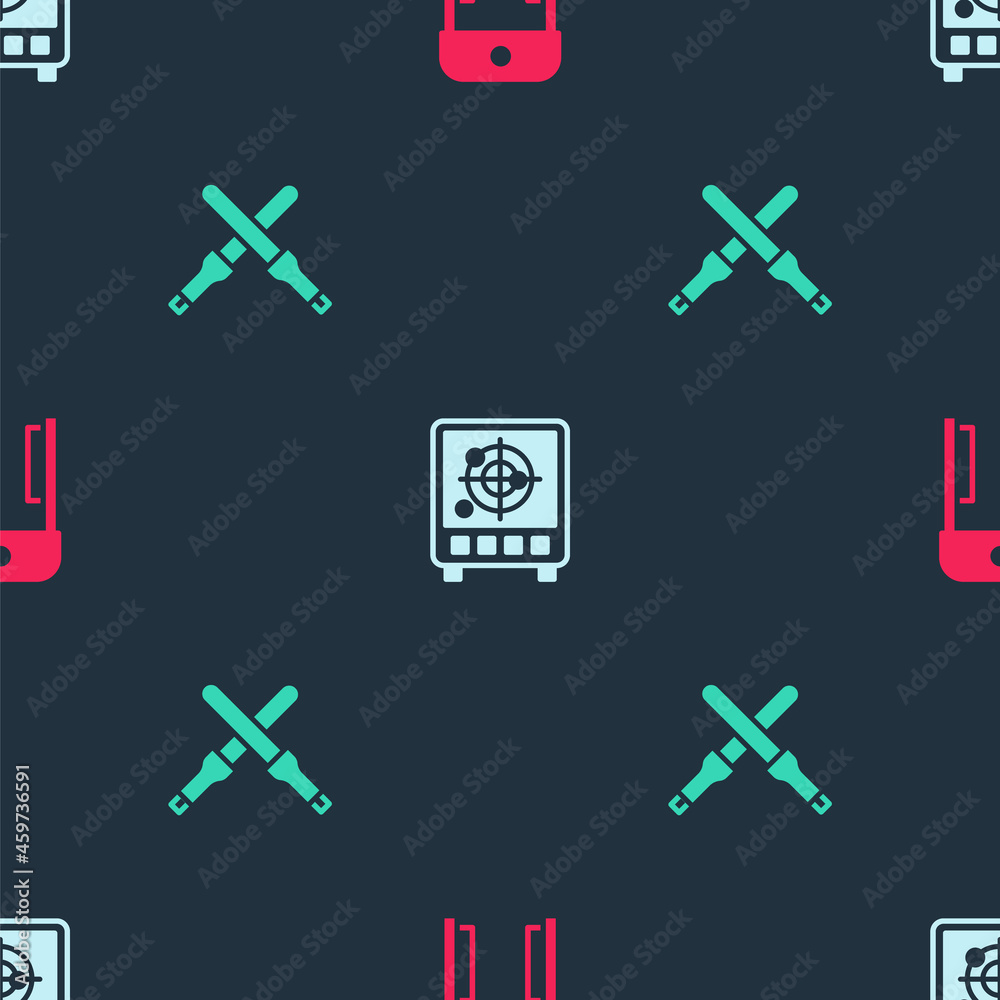 Sticker Set Metal detector in airport, Radar with targets on monitor and Marshalling wands on seamless pattern. Vector