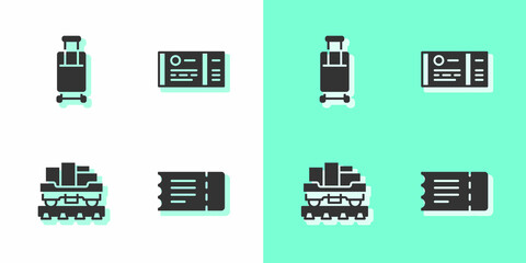 Set Train ticket, Suitcase, Cargo train wagon and icon. Vector