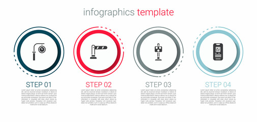 Set Train station clock, Railway barrier, traffic light and E-ticket train. Business infographic template. Vector