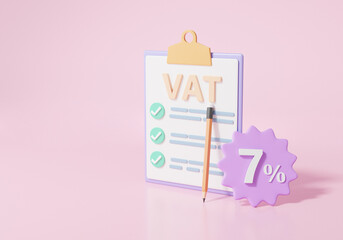 Vat payment concept. Checklist on clipboard paper isometric. value added tax seven percentage. on pink background. 3d render illustration