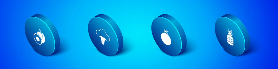 Set Isometric Plum fruit, Tomato, Pineapple and Broccoli icon. Vector