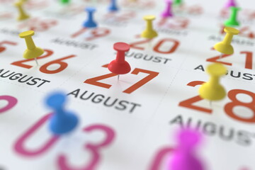 August 27 date and push pin on a calendar, 3D rendering