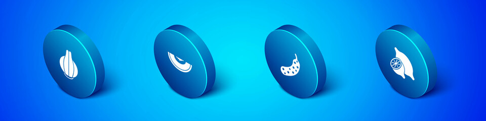 Set Isometric Onion, Fresh cucumber, Lemon and Melon fruit icon. Vector
