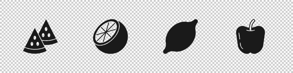 Set Watermelon, Orange fruit, Lemon and Apple icon. Vector