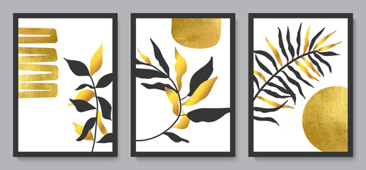 Set of modern abstract wall art compositions.Hand drawn golden geometric shapes and tropical leaves.Vector illustration.