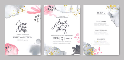 Wedding invitations with watercolor stains and brush strokes.Vector decorative greeting card