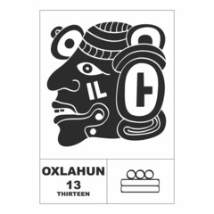 Vector icon with Mayan numerals. Mayan head glyph Oxlahun and maya symbol number thirteen