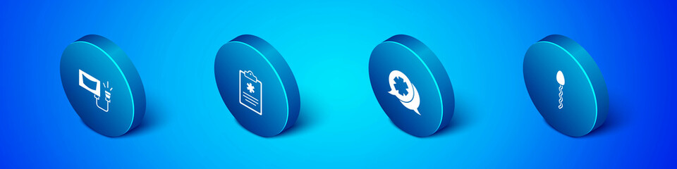 Set Isometric Ultrasound, Dialogue with the doctor, Sperm and Clinical record icon. Vector