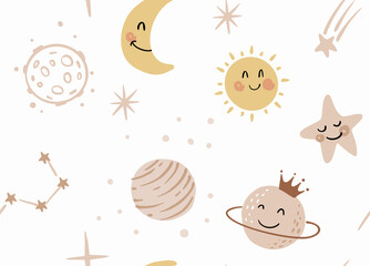 Cute vector cartoon cosmic seamless pattern. Planets, sun, shooting stars. Cosmos Kids art design for nursery