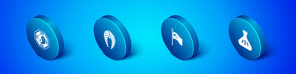 Set Isometric Yin Yang, China flag on flagpole, Dumpling and Fish steak icon. Vector