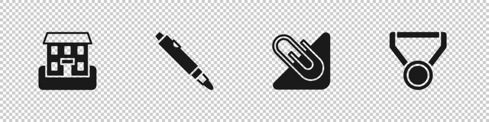 Set School building, Marker pen, Paper clip and Medal icon. Vector