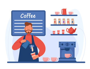 Cartoon barista making high quality espresso at coffee station. Male character with small business flat vector illustration. Coffee shop concept for banner, website design or landing web page