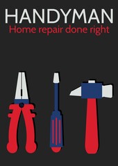 Composition of handyman text over tools icons on black background