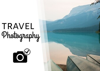 Composition of travel photography text over beautiful landscape in mountains