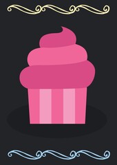 Composition of pink cupcake icon on black background