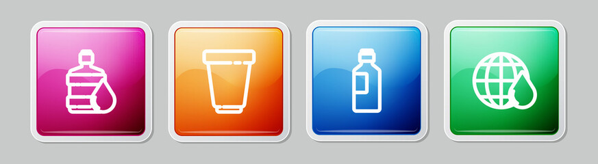 Set line Big bottle with clean water, Water filter cartridge, Bottle of and Earth planet in drop. Colorful square button. Vector