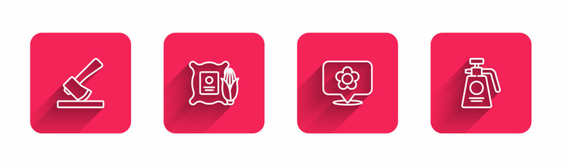 Set line Wooden axe, Corn in the sack, Location with flower and Garden sprayer for fertilizer with long shadow. Red square button. Vector
