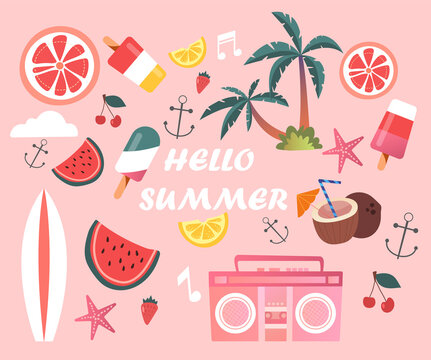 Cute set of essential fun summer elements and hello summer lettering on pink background. Concept of modern summer with watermelon, ice cream and palms. Flat cartoon vector illustration