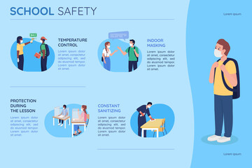 School safety flat color vector infographic template. Protection for students. Poster with text, PPT page concept design with cartoon characters. Creative data visualization. Info banner idea