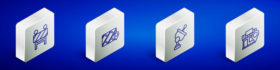 Set Isometric line Road barrier, City map navigation, Radar and Location with store icon. Vector