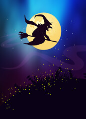Obraz na płótnie Canvas Halloween witch on her broom before moon on fantasy night