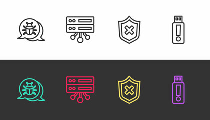 Set line System bug, Server, Data, Web Hosting, Shield with cross mark and USB flash drive on black and white. Vector