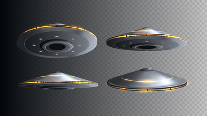 Obraz premium UFO spaceship with lights isolated. Set of vector flying 3d alien space ships.