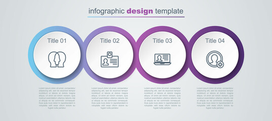 Set line Project team base, Identification badge, Laptop with resume and Create account screen. Business infographic template. Vector