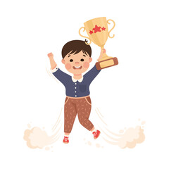 Superhero Little Boy at School Flying Up with Prize Achieving Goal and Gaining Knowledge Vector Illustration