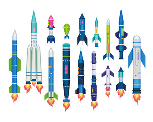 Missile set for air ballistic strike. Vector illustration of rocket bomb, warhead, jet artillery shell, icbm isolated on white. Military collection of war technology. Attack or defence weapon concept