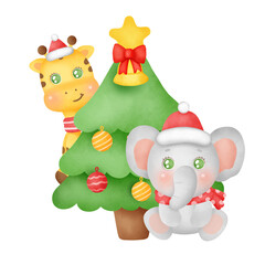 Christmas and New year greeting card with a cute elephant and giraffe in watercolor style .