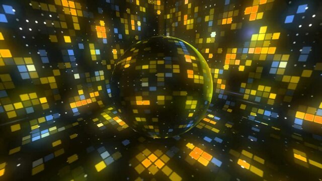Abstract slowly spinning disco ball reflecting colorful squares. Motion. Mosaic pattern with abstract disco lights at the night club.