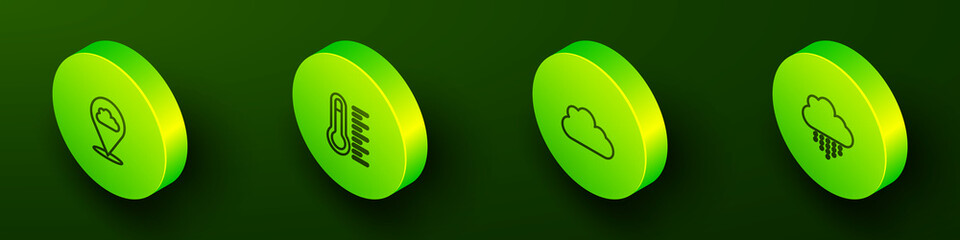Set Isometric line Location cloud, Meteorology thermometer, Cloud and with rain icon. Vector
