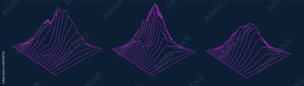 Poster Set of a glitched and distorted 3d models. Abstract vector elements with wireframe grid.