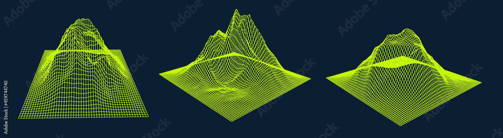 Poster Set of a glitched and distorted 3d models. Abstract vector elements with wireframe grid.