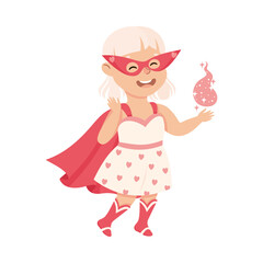 Little Girl Wearing Costume of Superhero Pretending Having Power for Fighting Crime Vector Illustration