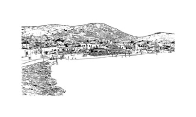 Fototapeta na wymiar Building view with landmark of Kos is the island in Aegean Sea. Hand drawn sketch illustration in vector.