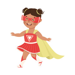 Little Girl Wearing Costume of Superhero Pretending Having Power for Fighting Crime Vector Illustration