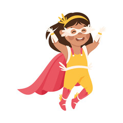 Little Girl Wearing Costume of Superhero Pretending Having Power for Fighting Crime Vector Illustration