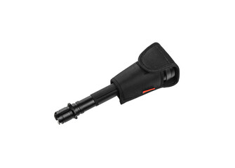 Modern metal LED flashlight in black color. Portable flashlight isolate on a white back