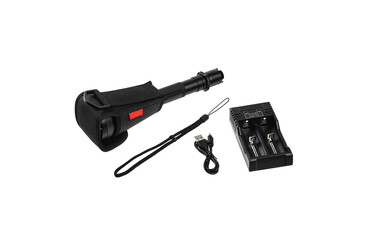 Modern metal LED flashlight in black color. Portable flashlight isolate on a white back