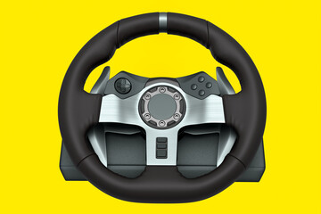 Realistic leather steering wheel isolated on a yellow background.