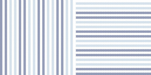 Stripe pattern set in blue and white. Herringbone textured seamless vertical and horizontal lines background graphic for shirt, dress, other modern spring summer autumn winter fashion textile print.