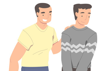 Fototapeta premium Man Character Supporting Friend Encouraging Cheering Up and Raising His Spirit Vector Illustration