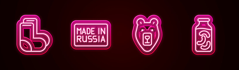 Set line Valenki, Made in Russia, Bear head and Pickled cucumbers jar. Glowing neon icon. Vector