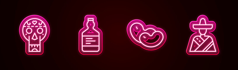 Set line Mexican skull, Tequila bottle, Beans and man sombrero. Glowing neon icon. Vector