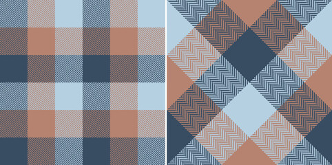 Buffalo check pattern in blue and brown. Herringbone textured large seamless tartan plaid for spring autumn winter scarf, flannel shirt, blanket, duvet cover, other modern fashion textile design. - obrazy, fototapety, plakaty